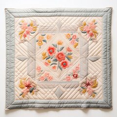 Floral Embroidered Quilt Beige and Gray Handmade Patchwork