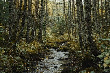 Obraz premium Serene forest landscape featuring a winding stream surrounded by vibrant autumn foliage