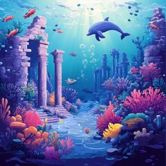Underwater Ruins Dolphin Coral Reef Scene