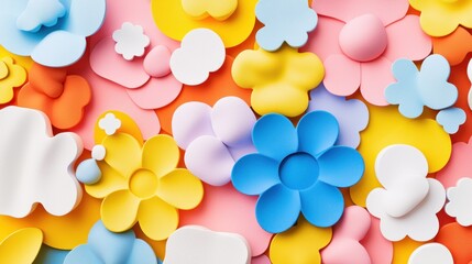 Colorful 3D flowers, pastel background, spring, design, texture