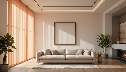 Fototapeta premium Modern minimalist living room interior design with beige sofa