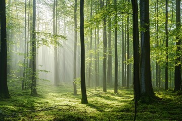 Naklejka premium Sunlight filtering through lush green trees in a serene forest, creating a tranquil atmosphere