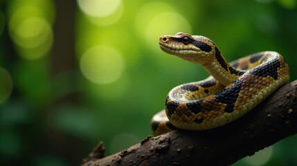 Fototapeta premium A Serpentine Jewel A Close-Up of a Strikingly Patterned Snake Coiled on a Forest Branch, Bathed in Soft, Green Light