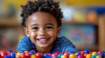 Happy toddler boy playing with colorful balls.