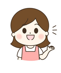 話をするエプロンを着た女性のゆるかわイラスト