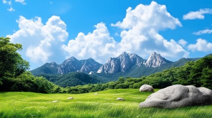 Fototapeta premium Scenic Mountain Landscape with Blue Sky and Green Meadow View