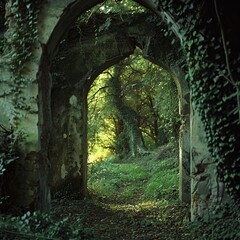 Obraz premium Overgrown stone archway leading to a lush forest path.