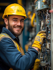 smiling electrician wearing yellow hard hat and gloves, working on electrical panels. His expression shows confidence and professionalism