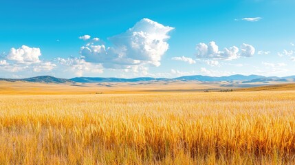 Obraz premium Golden wheat field stretches towards distant hills under a bright blue sky with white clouds during daytime.
