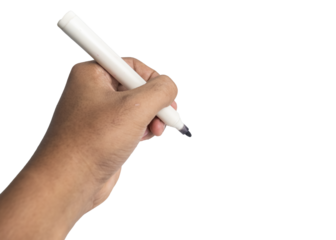 male hands holding black marker with copy space isolated on white background