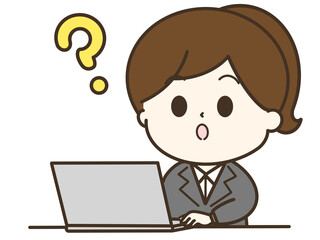 はてなとパソコンを使って疑問を持っているスーツを着た女性のイラスト