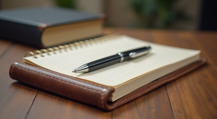 Pen and a notebook on a table with a book