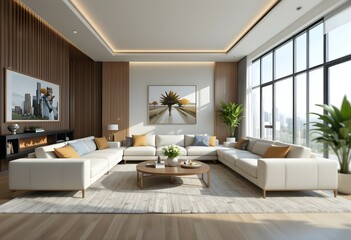 Fototapeta premium Luxurious Open-Plan Living Room with Sectional Sofa, Modern Fireplace, and Large Windows Offering Stunning City Views