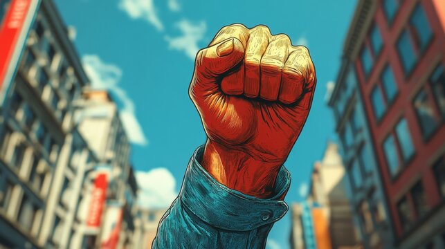 Power of the people illustrated with a red fist raised in urban landscape under a blue sky representing protest and resistance