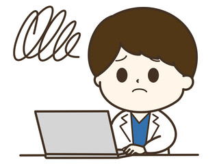 パソコンの前でもやもやする白衣の男性のゆるかわイラスト