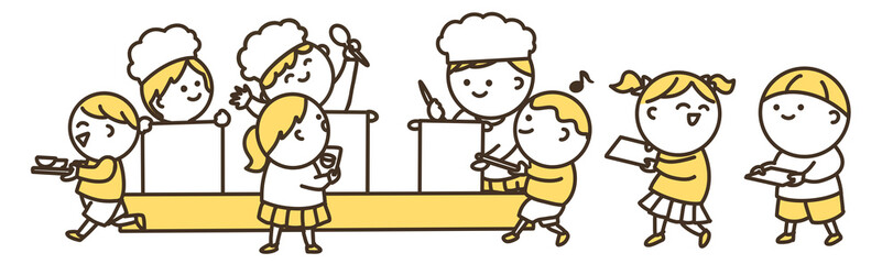 給食の時間の子供達のシンプルイラスト　カラー