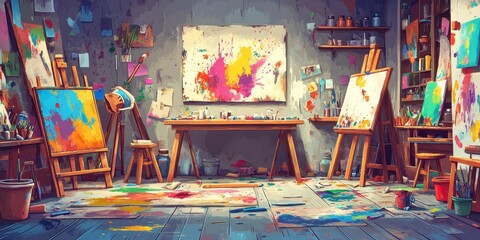 Colorful Artists Studio Messy Creative Workspace