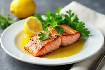 Pan-seared salmon fillet with lemon butter and parsley, side dish, parsley, white tablecloth