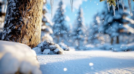 Winter Wonderland with Snowy Landscape and Icicles on Tree Trunk