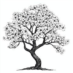 Detailed Black and White Sketch of a Blossoming Tree with Intricate Branches and Flowers