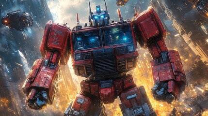 A Powerful Red Transformer Robot Stands in a Futuristic City