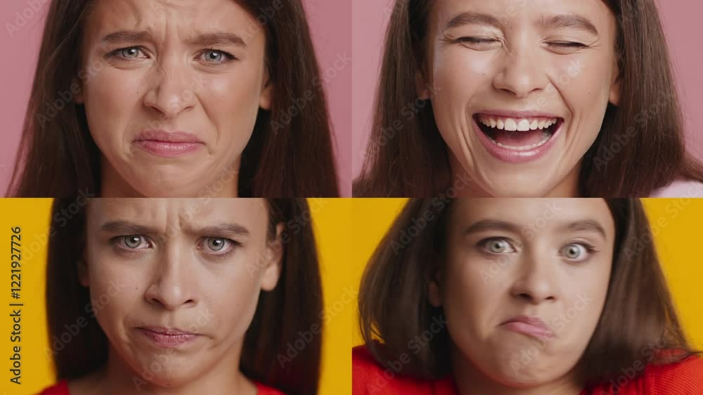 Poster A collection of four individuals displaying a range of emotional expressions, showcasing joy, sadness, surprise, and confusion against colorful backgrounds. Each face tells a unique story.