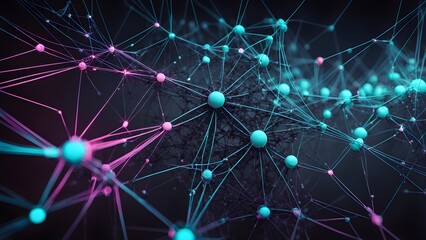Abstract network visualization with glowing nodes and connecting lines in teal and pink, ideal for technology, science, and connectivity concepts.