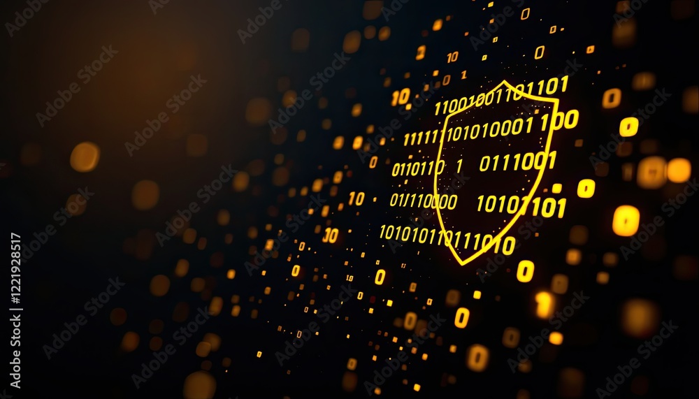 Poster digital cybersecurity concept with binary shield symbol on dark background