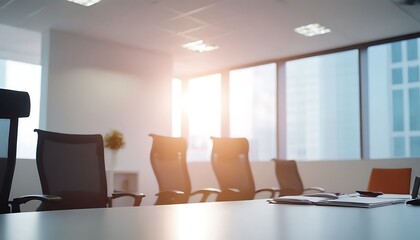 A Conference Room with Black Leather Chairs and a Wood Grained Desk,Modern Meeting Room in the...