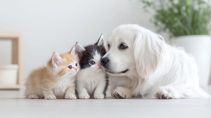 Dog and kittens cuddling indoors, home background, pet love