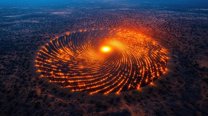 Aerial View of a Spiral Fire Installation in a Desert Landscape at Dusk