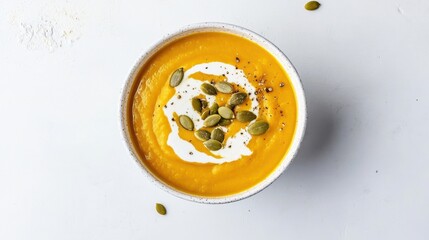 A bowl of creamy butternut squash soup with a swirl of cream and a sprinkle of pumpkin seeds, Centered in a minimalist white bowl, Overhead view with soft ambient light