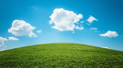 Lush Green Hill Under Bright Blue Sky with Fluffy Clouds, Ideal for Nature and Landscape Themes