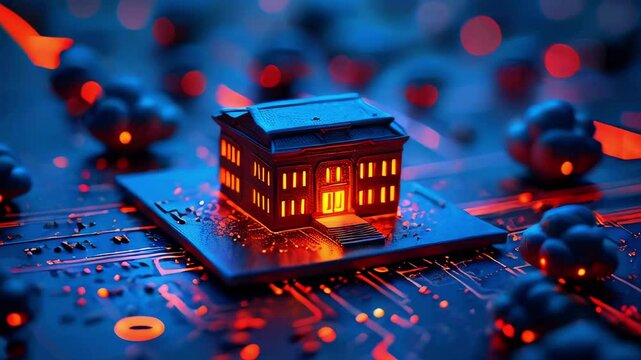 A miniature building illuminated on a circuit board, symbolizing technology and innovation in a digital landscape