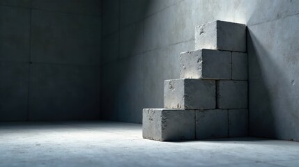 Obraz premium A Minimalist Arrangement of Concrete Blocks Forming an Ascending Structure in a Spacious Room with Subtle Lighting