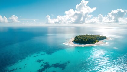Ultra-realistic aerial view of the open ocean, with a calm, almost mirror-like surface reflecting the sky above. A distant island with lush greenery is visible in the distance, surrounded by turquoise