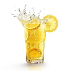 Refreshing lemon drink splashing in glass.