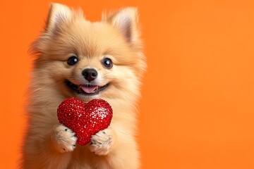 Obraz premium Cute finnish spitz pooch with sparkling rhinestones red heart - sign of love, funny greeting card. Finnish spitz - my beloved dog. Commercial creative. Love and joy with pets. Pet love ideas.