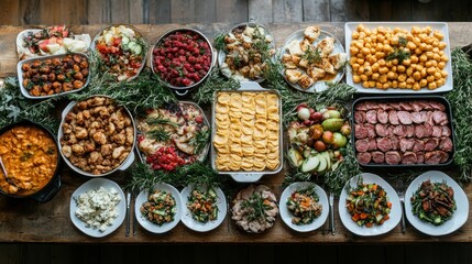 Fototapeta premium A Bountiful Feast: A Table Overflowing with Delicious Dishes
