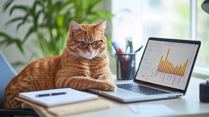 A confident entrepreneur cat works at a contemporary desk, focusing on a laptop surrounded by notebooks and charts that illustrate strategies for achieving online income.