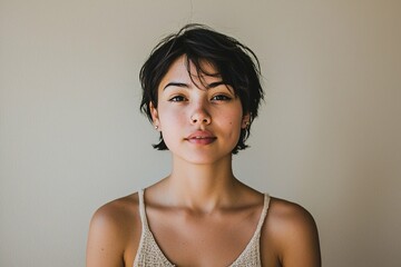 A confident individual exudes authenticity and self-acceptance in a focused portrait, featuring an open expression and inviting posture against a neutral backdrop.