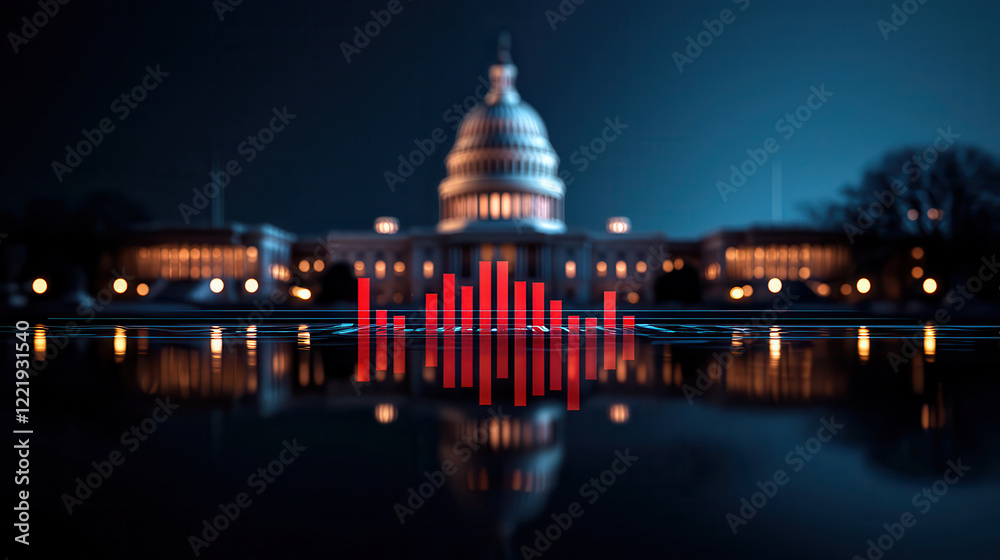 Poster captivating view of u.s. capitol at night, featuring vibrant soundwave graphic in foreground, creati