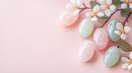 Pastel eggs, spring blossoms, pink background; Easter, spring, wellness