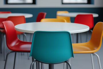 A modern cafeteria setup with white round tables and colorful plastic chairs arranged in a bright and minimalistic indoor space