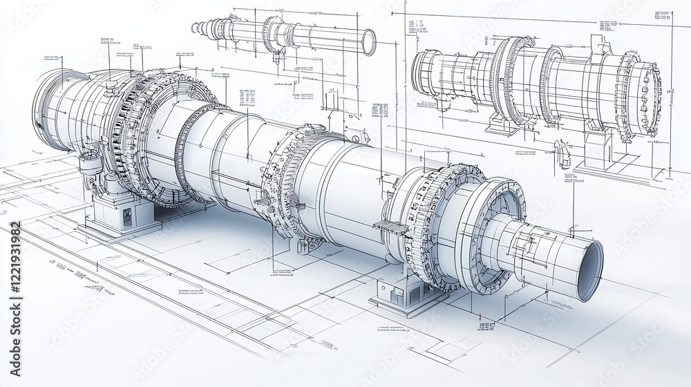 Aufkleber detailed line drawing of large steel pipe connected to machinery, showcasing engineering precision a