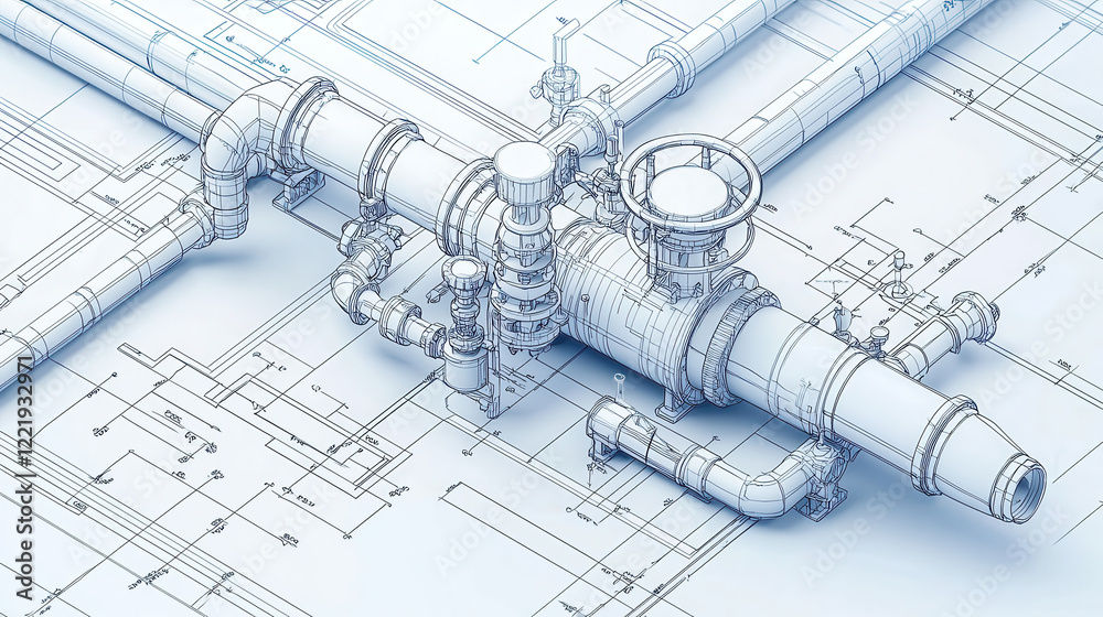 Leinwandbilder precise line illustration of system of pipes and valves, showcasing intricate details and engineerin