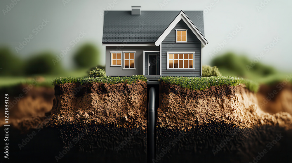 Poster modern two story house situated on grassy hill, showcasing unique underground feature. image evokes 