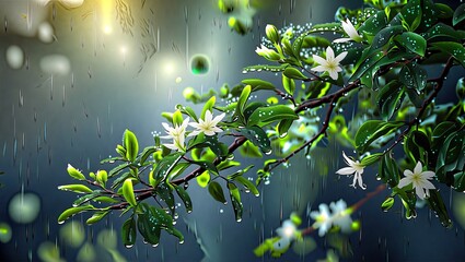 Illustration of freshly rain kissed tree branch 