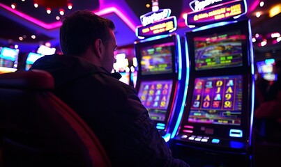 Naklejka premium Man plays slot machine in vibrant casino at night