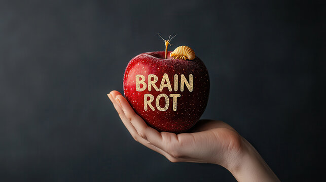hand holding red apple with words BRAIN ROT written on it, featuring small caterpillar on top, against dark background